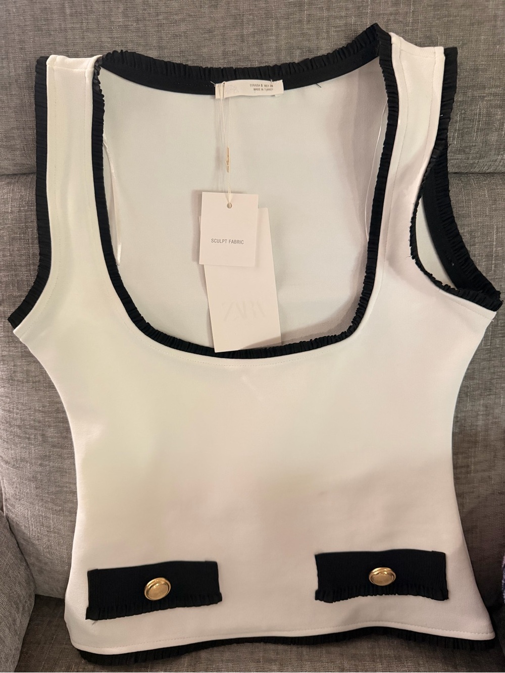 Zara White Sculpt Fabric Tank with Black Trim and Gold Buttons